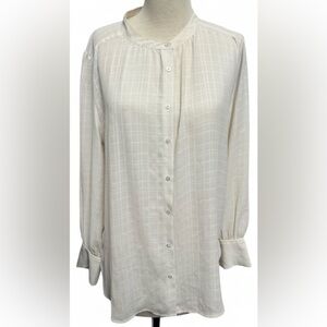 LOFT Cream Textured Grid Button-Up Blouse | Modern Minimal Chic | Size L
